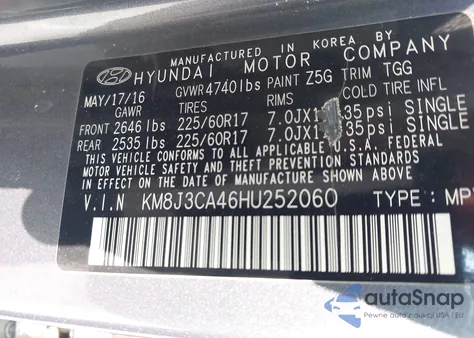 2017 Hyundai Tucson Se from USA, damaged, VIN KM8J3CA46HU252060